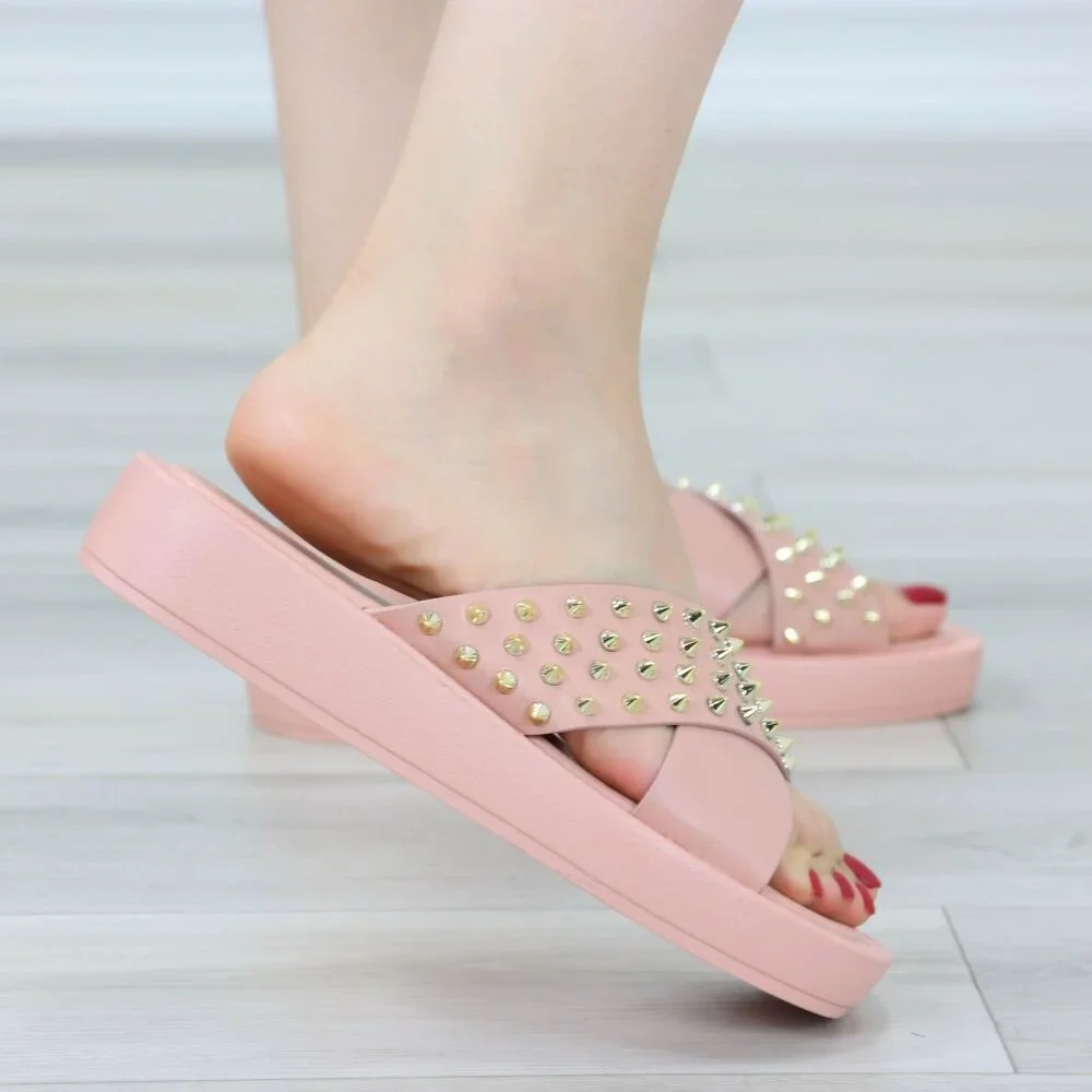 Pink Platform Sandals Studded Crisscross Straps Chunky Sole - Picture 5 of 14